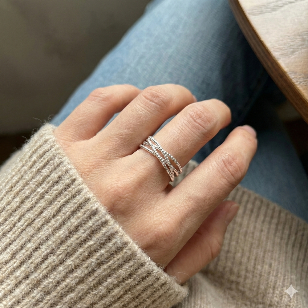 Silver Beaded Crisscross Twist Ring Size 8.5
